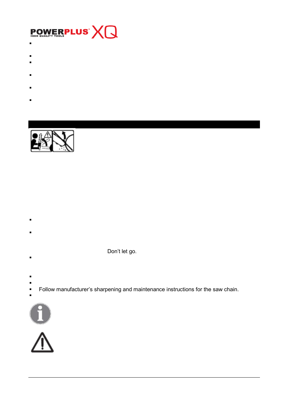 Kickback safety precautions | Powerplus POWXQG4040 CHAINSAW 2400W 405MM EN User Manual | Page 8 / 18