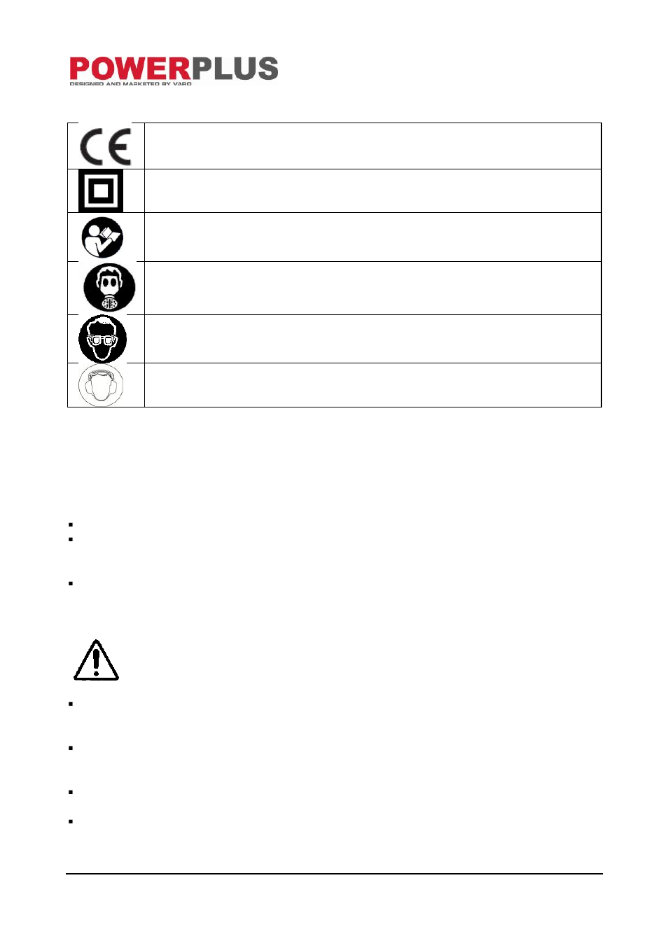 Symbols, General power tool safety warnings, Work area | Electrical safety | Powerplus POW1010 JIGSAW 450W EN User Manual | Page 3 / 8