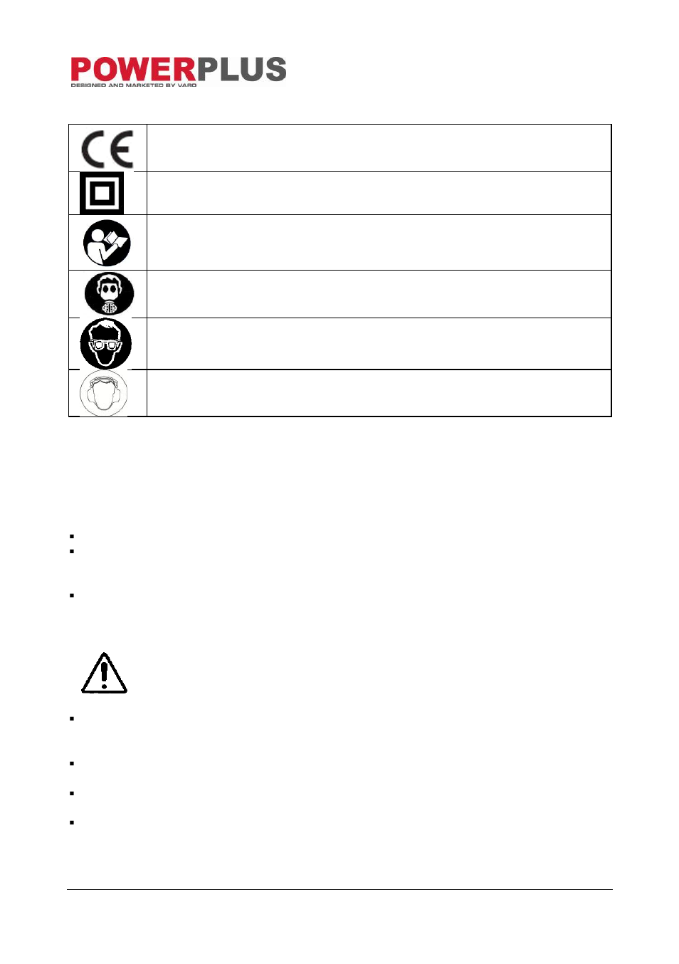 Symbols, General power tool safety warnings, Working area | Electrical safety | Powerplus POW1015 JIGSAW 650W EN User Manual | Page 3 / 8