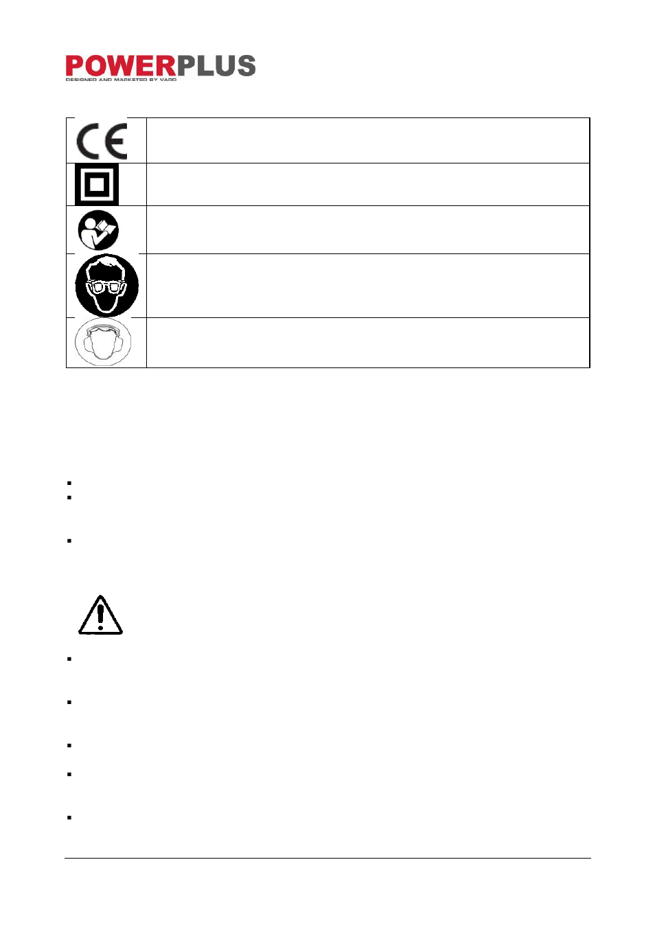 Symbols, General power tool safety warnings, Work area | Electrical safety | Powerplus POW2085 ANGLE GRINDER 710W 115MM EN User Manual | Page 3 / 9