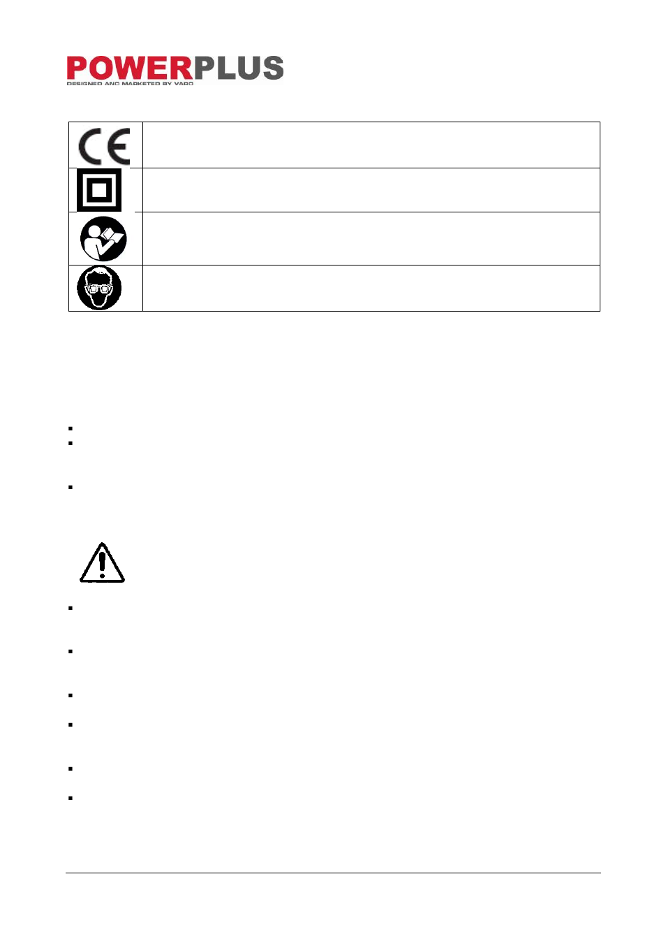 Symbols, General power tool safety warnings, Work area | Electrical safety | Powerplus POW2087 ANGLE GRINDER 2150W 230MM EN User Manual | Page 4 / 10
