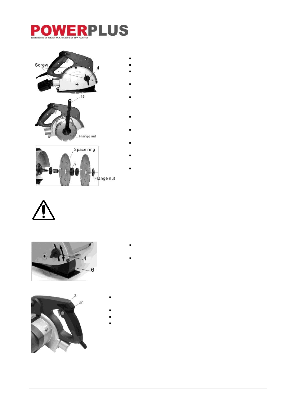 Fitting /changing the diamond cutting discs, Depth adjustment, Turning the machine on/off | Powerplus POW222 WALL SLOTTER 1700W EN User Manual | Page 5 / 9