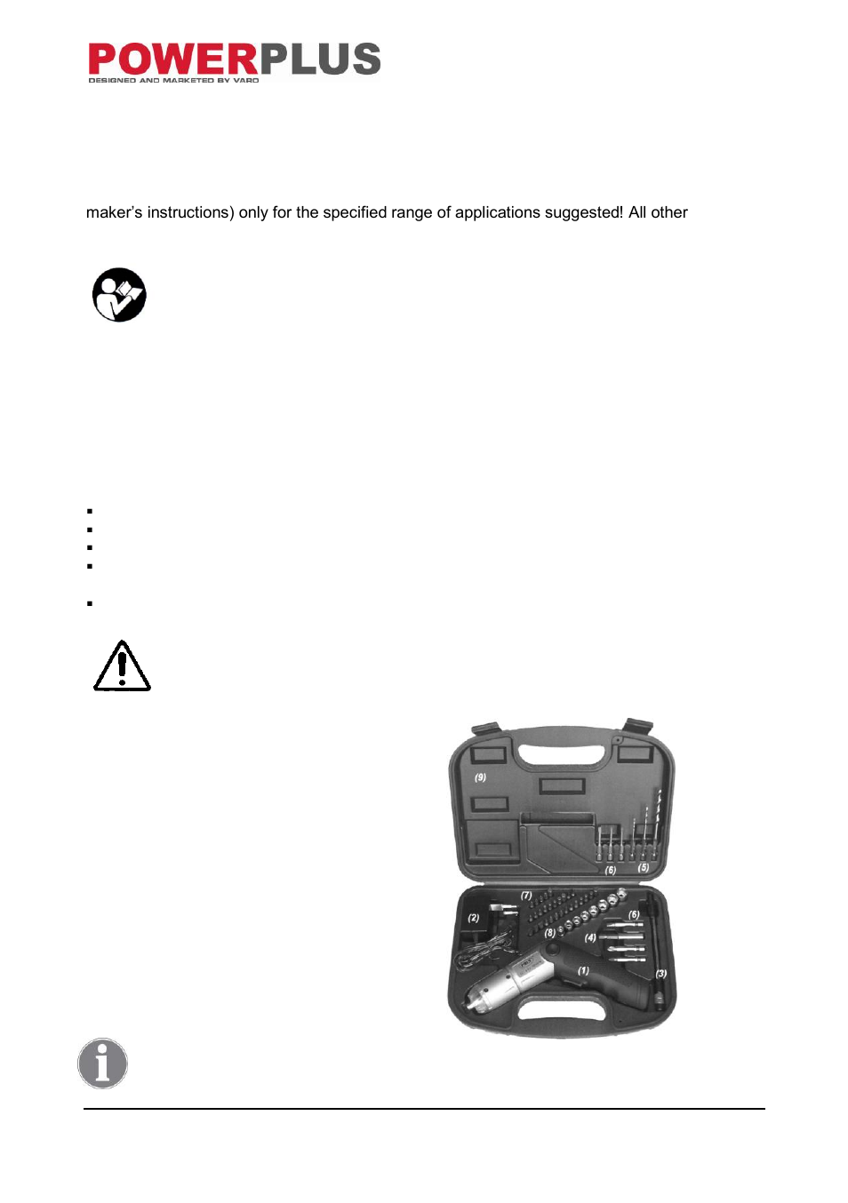 Application, Description (fig. a), Package content list | Powerplus POW326 SCREWDRIVER 4.8V 50PCS EN User Manual | Page 2 / 8