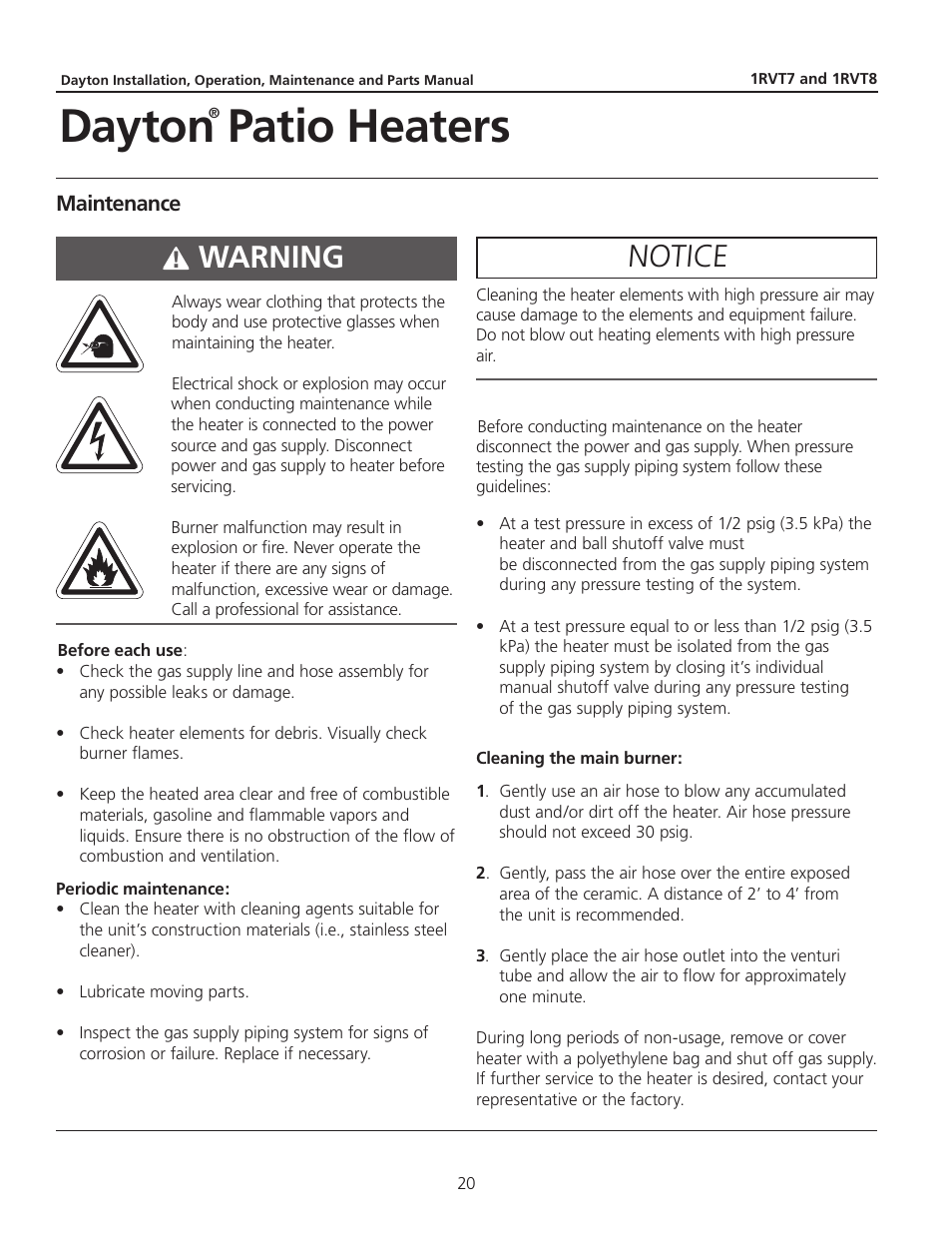 Dayton patio heaters, Notice, Warning | Dayton 1RVT8 User Manual | Page 20 / 24