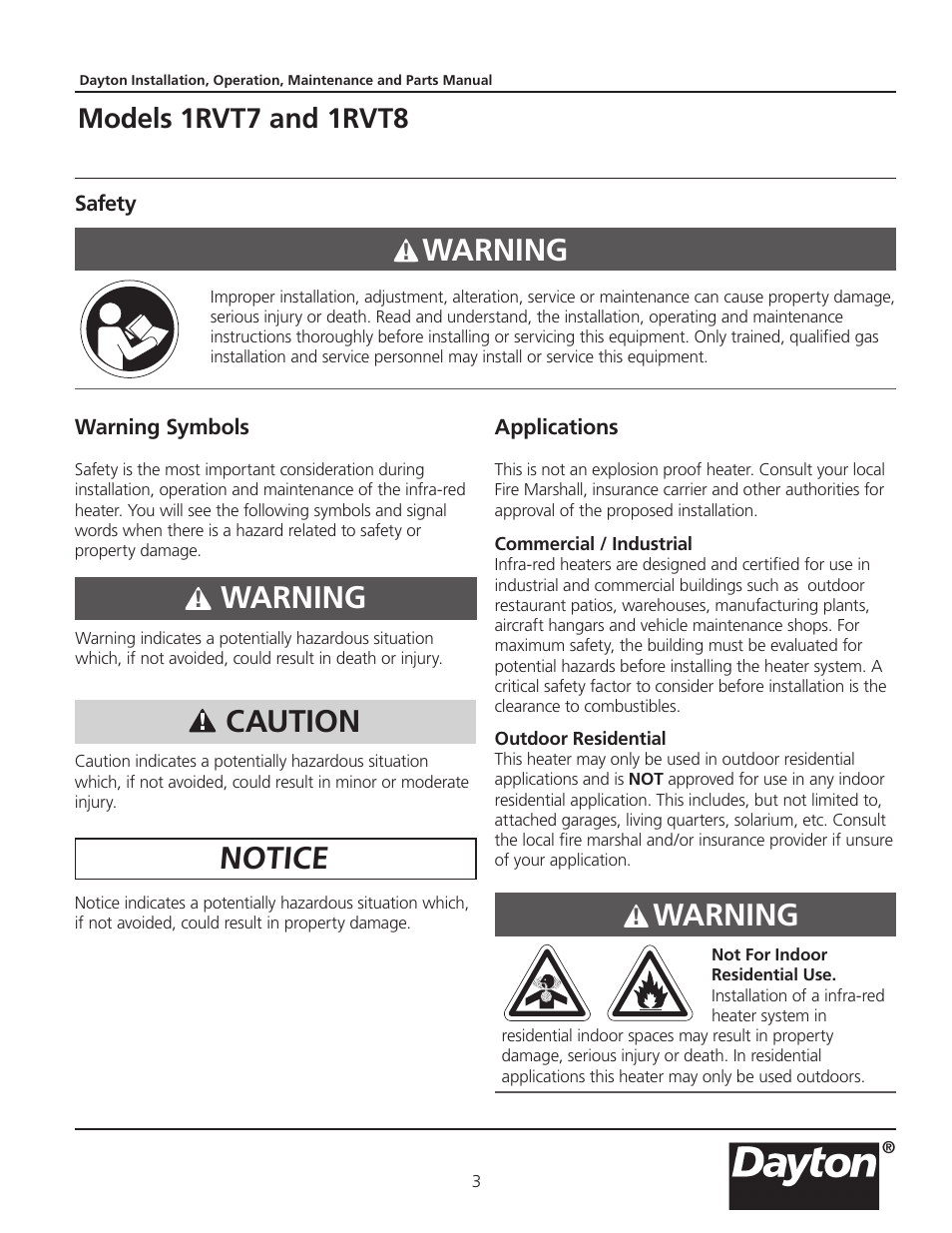 Warning, Notice caution, Models 1rvt7 and 1rvt8 | Dayton 1RVT8 User Manual | Page 3 / 24