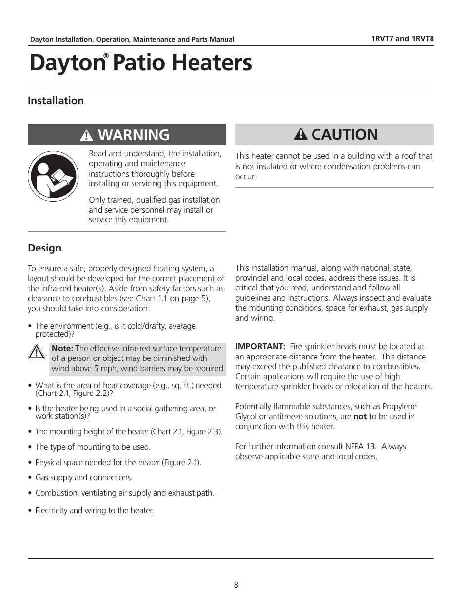 Dayton patio heaters, Warning, Caution | Dayton 1RVT8 User Manual | Page 8 / 24