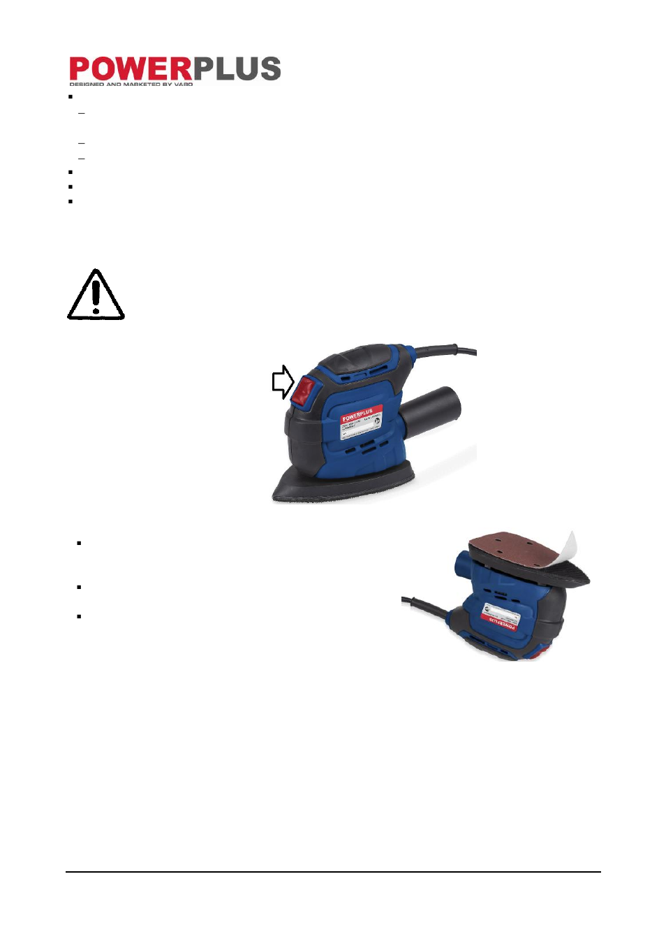 Operating instructions, Switching on-off, Attaching the sandpaper | Powerplus POW4001 PALM SANDER 135W EN User Manual | Page 5 / 8