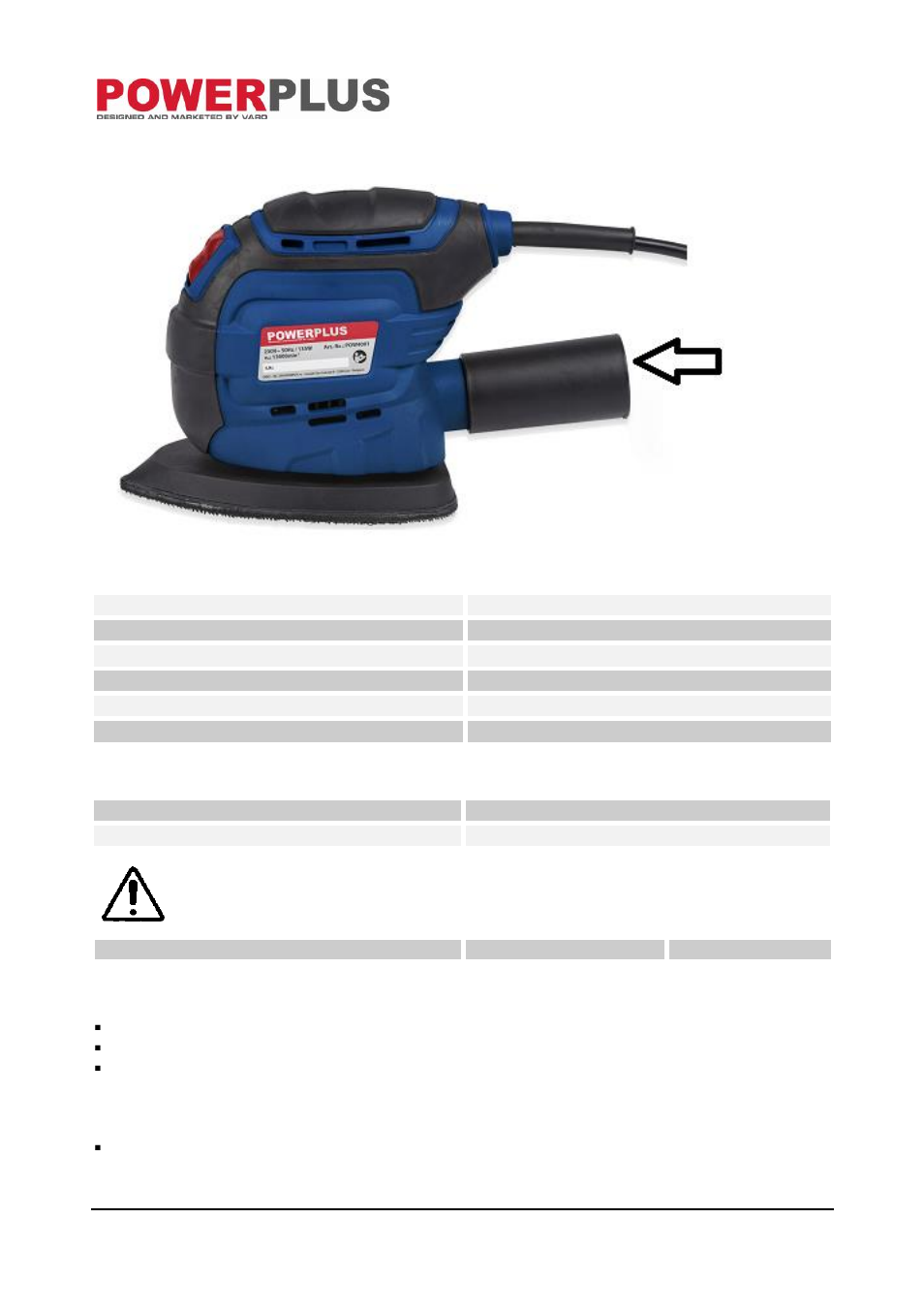 Collecting the dust, Technical data, Noise | Cleaning and maintenance, Service department | Powerplus POW4001 PALM SANDER 135W EN User Manual | Page 6 / 8