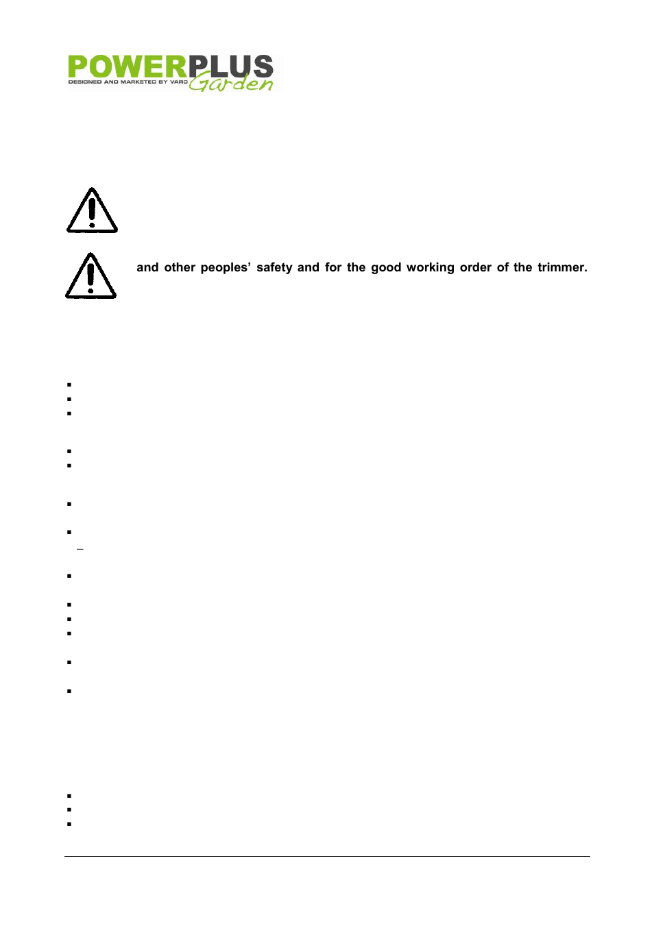 Assembling, Mounting the guard (fig 1), Operation | Correct posture, Starting/stopping the device (fig 2), Information regarding cutting, Extending the cord, Extending the cords during cutting operation | Powerplus POW6010P GRASS TRIMMER 250W 200MM EN User Manual | Page 7 / 11