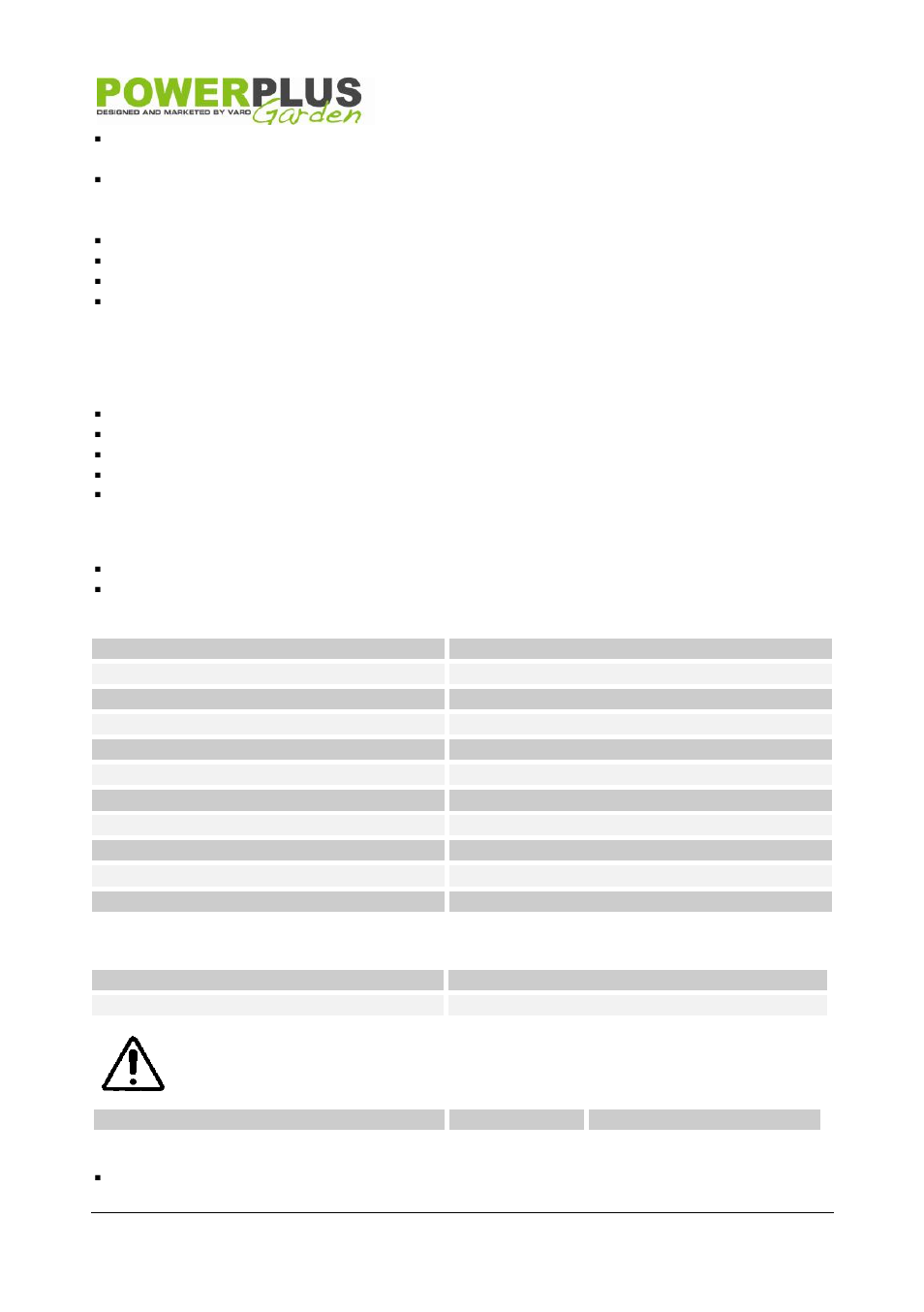 Troubleshooting, Power loss or sudden stopping of the engine, Bad quality cut | Technical data, Noise, Warranty, 10 troubleshooting, 11 technical data, 12 noise, 13 warranty | Powerplus POW60481 GRASS TRIMMER 30CC 420MM EN User Manual | Page 11 / 13
