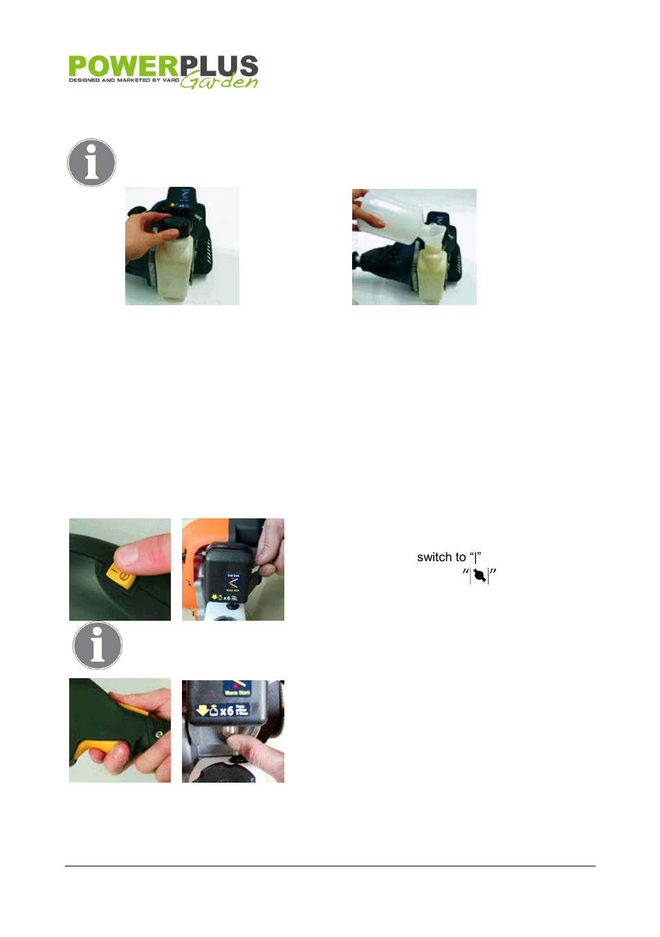 Before starting work, Fuelling, Operation | Starting the grass trimmer | Powerplus POW60481 GRASS TRIMMER 30CC 420MM EN User Manual | Page 8 / 13