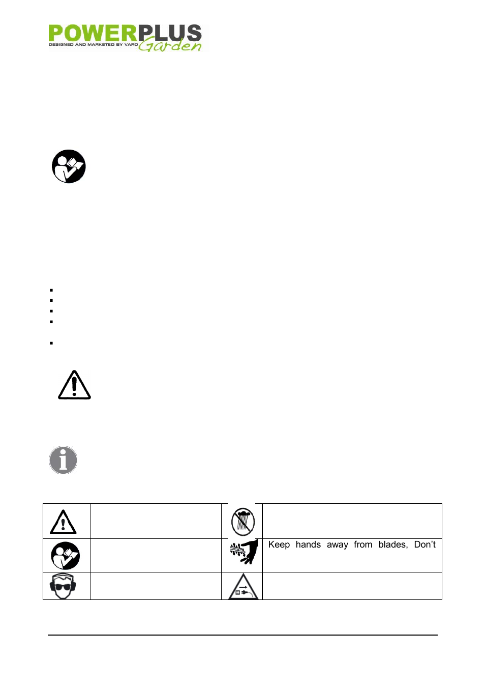 Application, Description, Package content list | Symbols | Powerplus POW6103 HEDGE TRIMMER 500W 466MM EN User Manual | Page 2 / 8