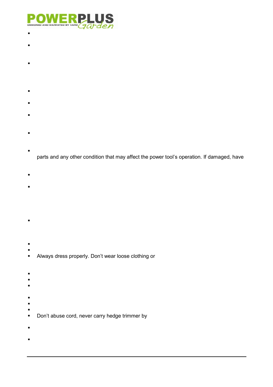 Power tool use and care, Service, Specific safety warnings | Pow6103, 6 specific safety warnings | Powerplus POW6103 HEDGE TRIMMER 500W 466MM EN User Manual | Page 4 / 8