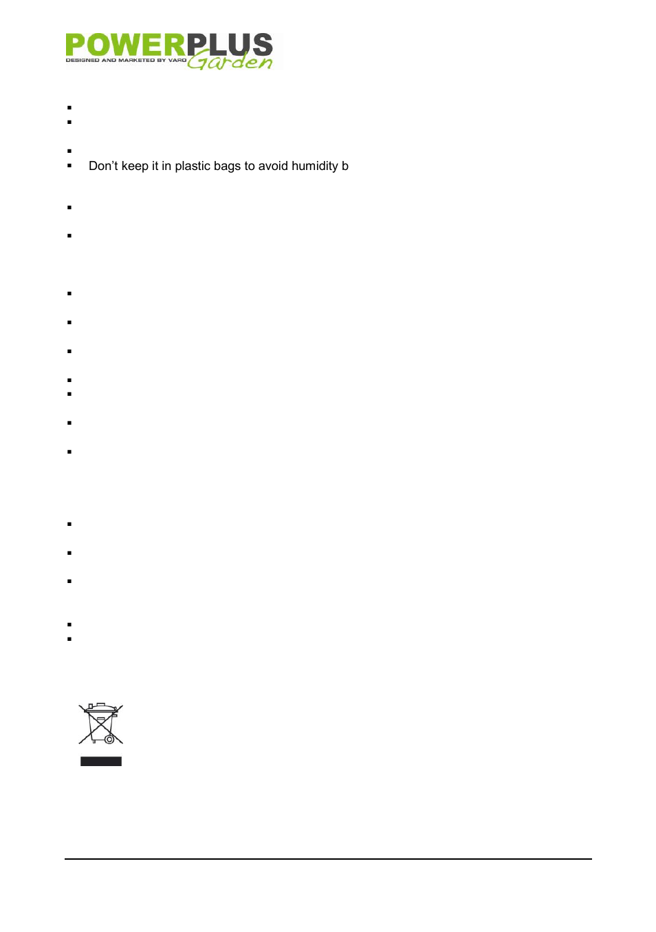 Storage, Warranty, Environment | Powerplus POW6103 HEDGE TRIMMER 500W 466MM EN User Manual | Page 7 / 8
