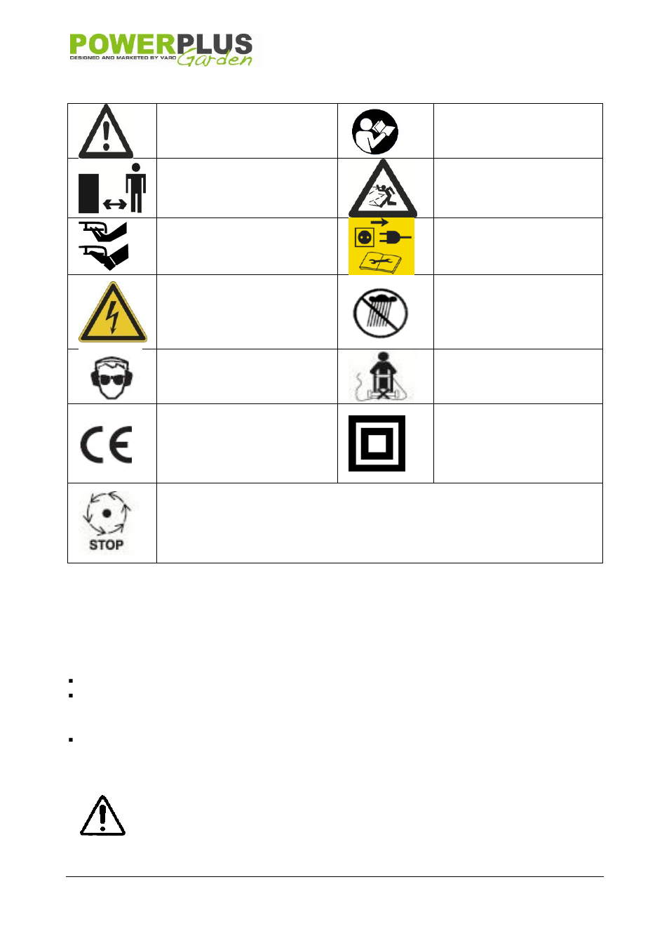 Symbols, General power tool safety warnings, Working area | Electrical safety, 4 symbols, 5 general power tool safety warnings | Powerplus POW63703 LAWNMOWER 900W 320MM EN User Manual | Page 4 / 13