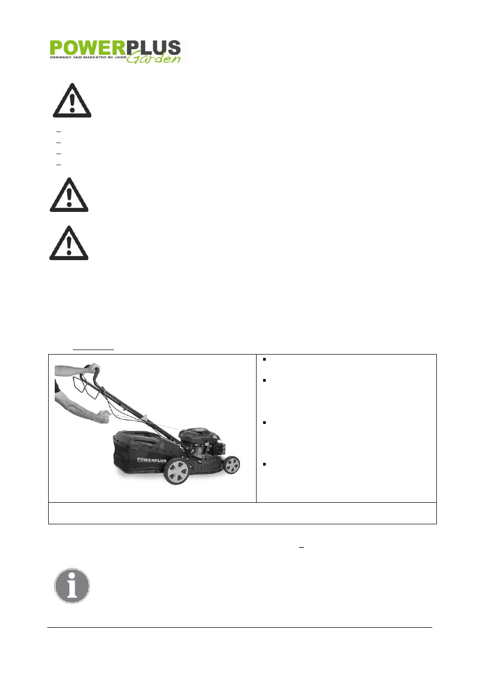 Add gasoline (fig7), To start engine and engage blade, Start (run) | Operation procedures | Powerplus POW63755 LAWNMOWER139CC 457MM EN User Manual | Page 9 / 18