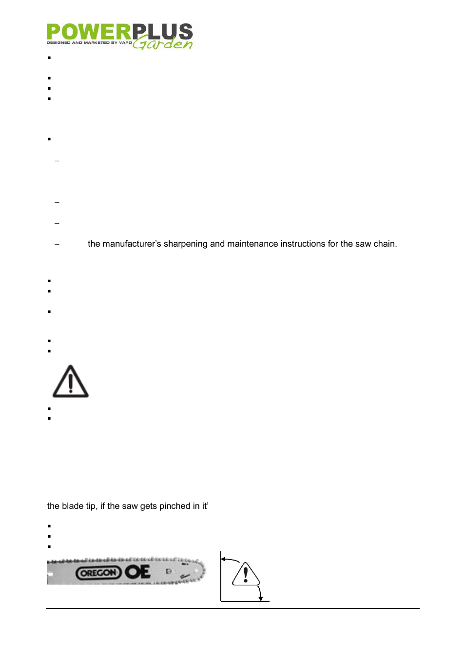 Recommended, Lubrication system, Safety chain brake | Kickback | Powerplus POW64252 CHAINSAW 2000W 356MM EN User Manual | Page 7 / 13