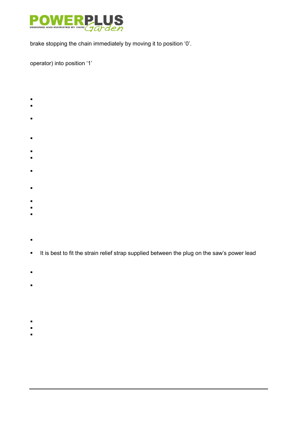 Assembly, To assemble the chain and bar, Lubricating oil for the saw chain | Power supply connection, Operation, Switching on and off, How to work with the chain saw, General cutting instructions | Powerplus POW64252 CHAINSAW 2000W 356MM EN User Manual | Page 8 / 13
