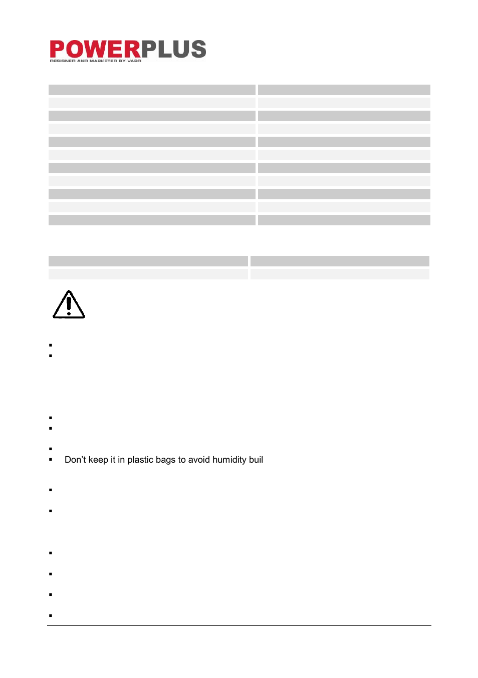 Technical data, Noise, Service department | Storage, Warranty, Pow7490, 10 technical data, 11 noise, 12 service department, 13 storage | Powerplus POW7490 TILE CUTTER 600W 180MM 180MM EN User Manual | Page 8 / 10