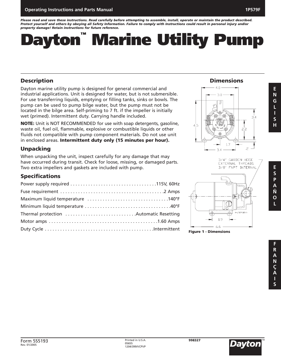 Dayton 1P579F User Manual | 20 pages