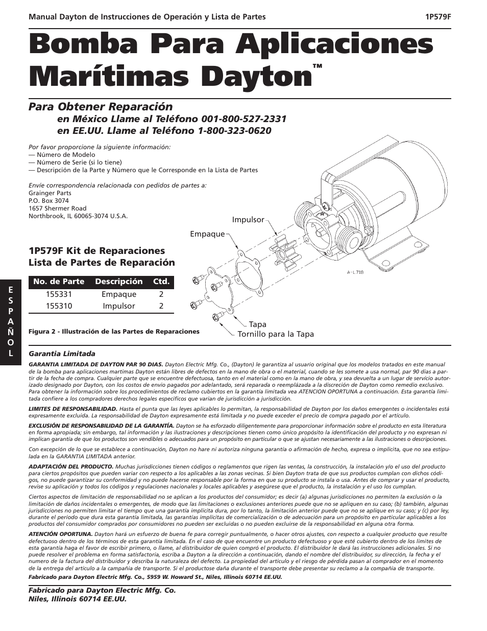 Bomba para aplicaciones marítimas dayton, Para obtener reparación | Dayton 1P579F User Manual | Page 12 / 20