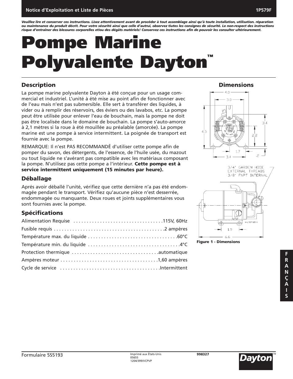 Pompe marine polyvalente dayton | Dayton 1P579F User Manual | Page 13 / 20