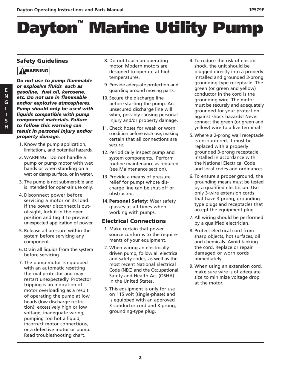 Dayton, Marine utility pump | Dayton 1P579F User Manual | Page 2 / 20