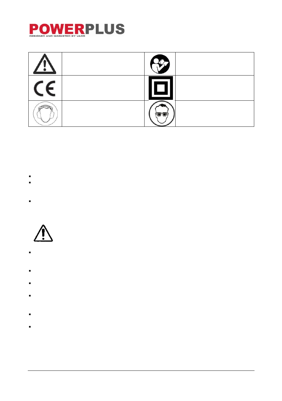 Symbols, General power tool safety warnings, Working area | Electrical safety | Powerplus POW8002 MITRE SAW 1400W 210MM EN User Manual | Page 4 / 12