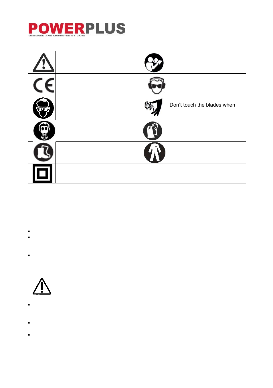 Symbols, General power tool safety warnings, Working area | Electrical safety | Powerplus POW8041 MITRE SAW +UPPER TABLE 1200W 210MM EN User Manual | Page 5 / 13