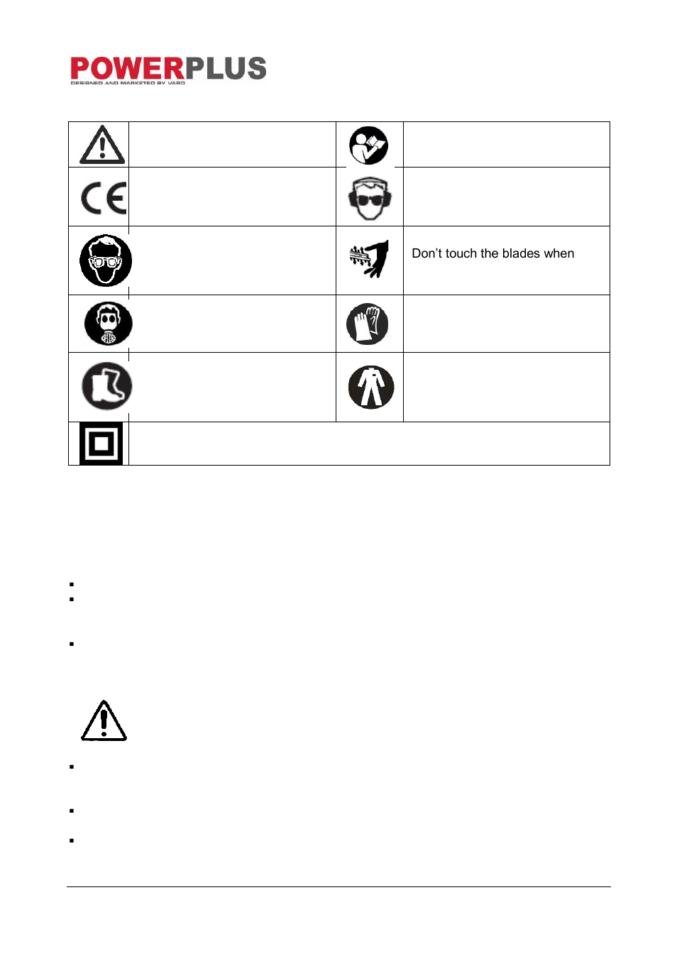 Symbols, General power tool safety warnings, Working area | Electrical safety | Powerplus POW8561 TABLE SAW 1800W 250MM EN User Manual | Page 4 / 15