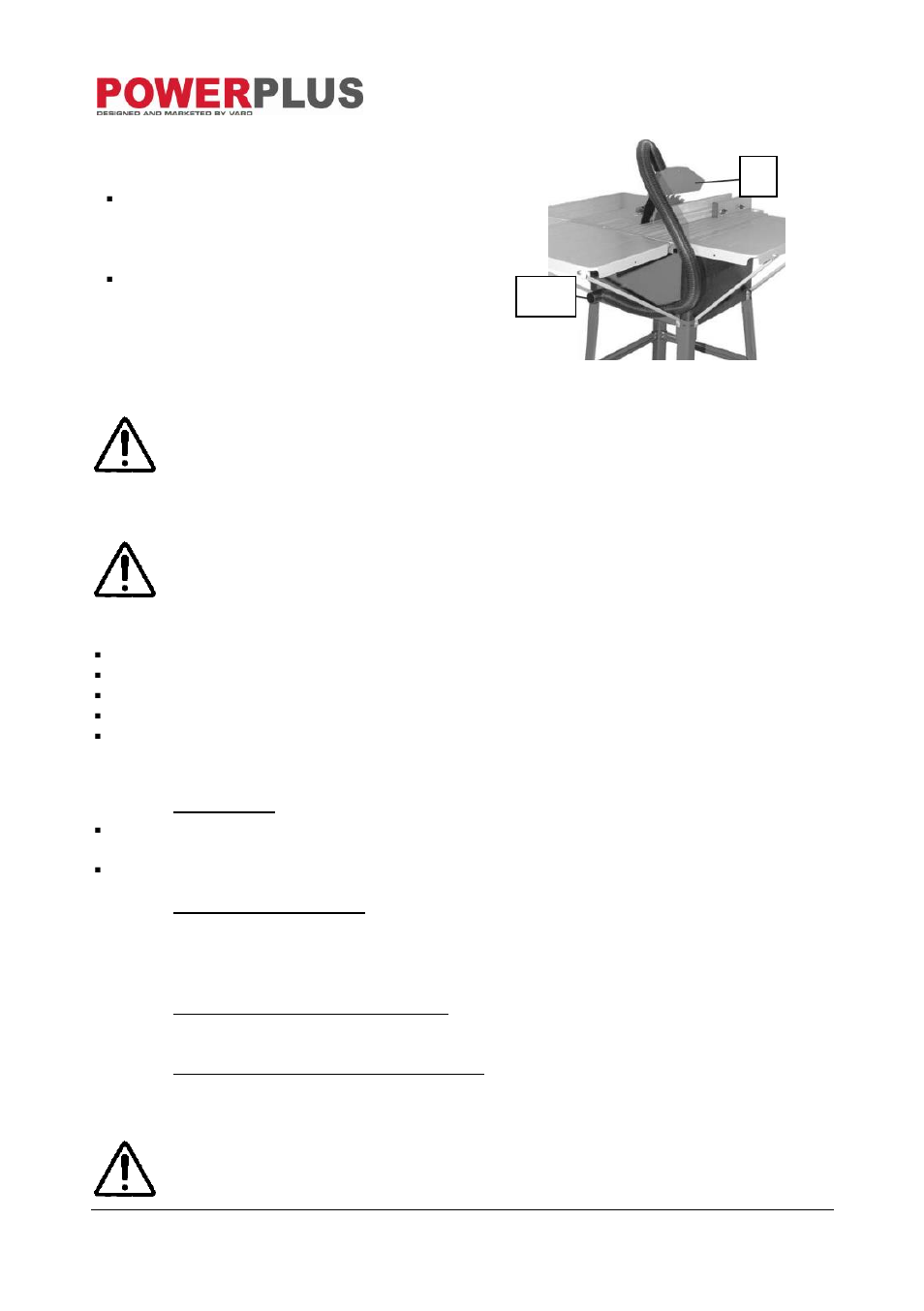 Mounting the extraction, Operation, Check before starting the device | Operating elements, On/off switch, Overload protection (15), Setting mechanism for the tilt angle, Hand crank for setting the cutting height | Powerplus POW8561 TABLE SAW 1800W 250MM EN User Manual | Page 8 / 15