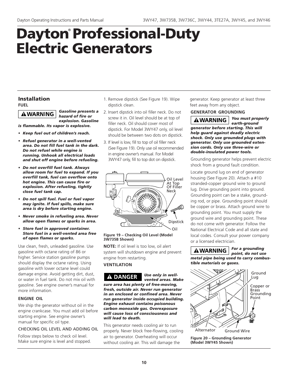 Dayton professional-duty electric generators, Installation | Dayton 3WY47 User Manual | Page 10 / 40