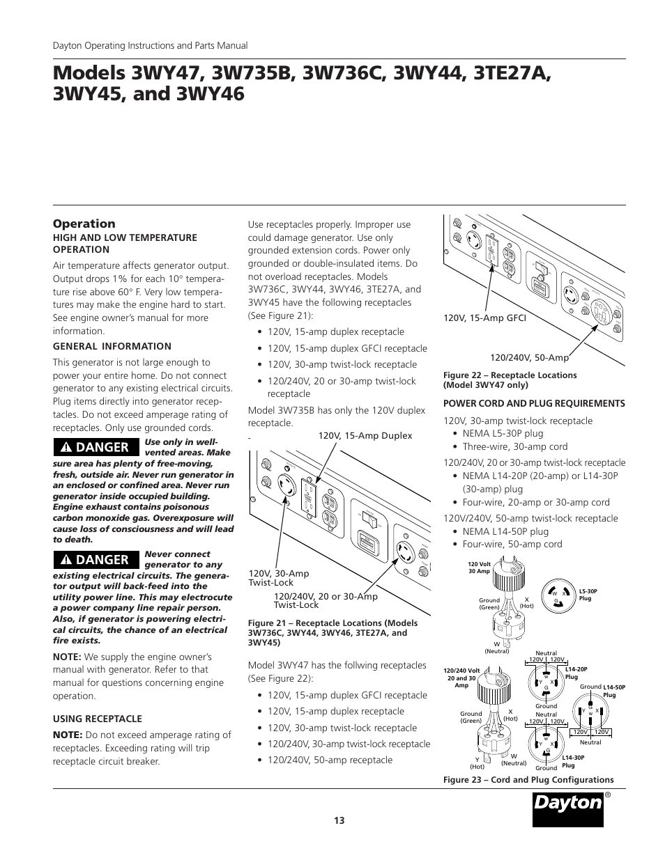 Operation, Dayton operating instructions and parts manual 13, Figure 23 – cord and plug configurations | Dayton 3WY47 User Manual | Page 13 / 40