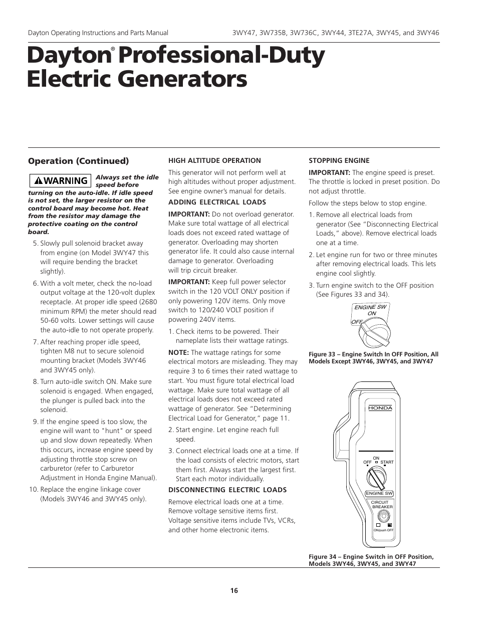 Dayton professional-duty electric generators, Operation (continued) | Dayton 3WY47 User Manual | Page 16 / 40