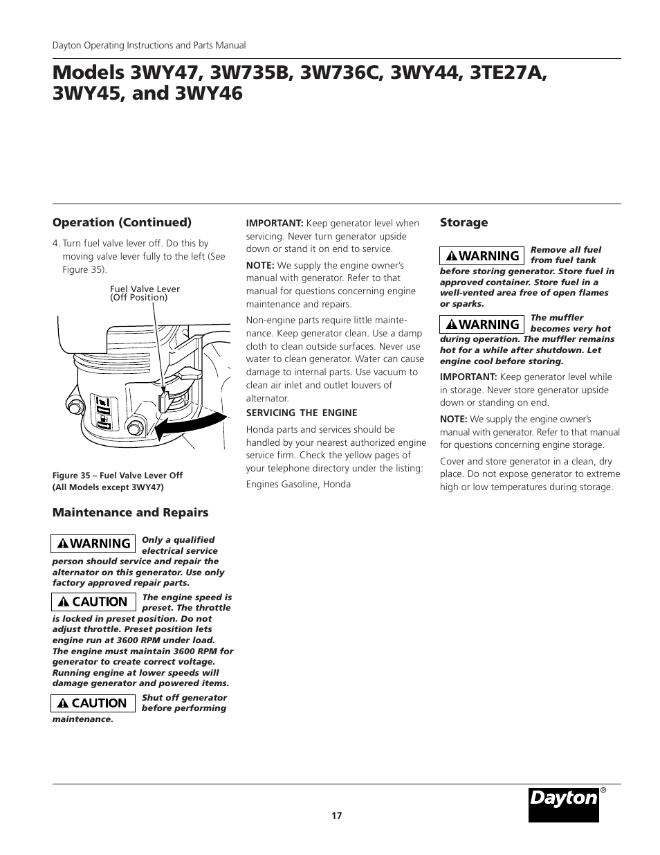 Operation (continued) maintenance and repairs, Storage | Dayton 3WY47 User Manual | Page 17 / 40