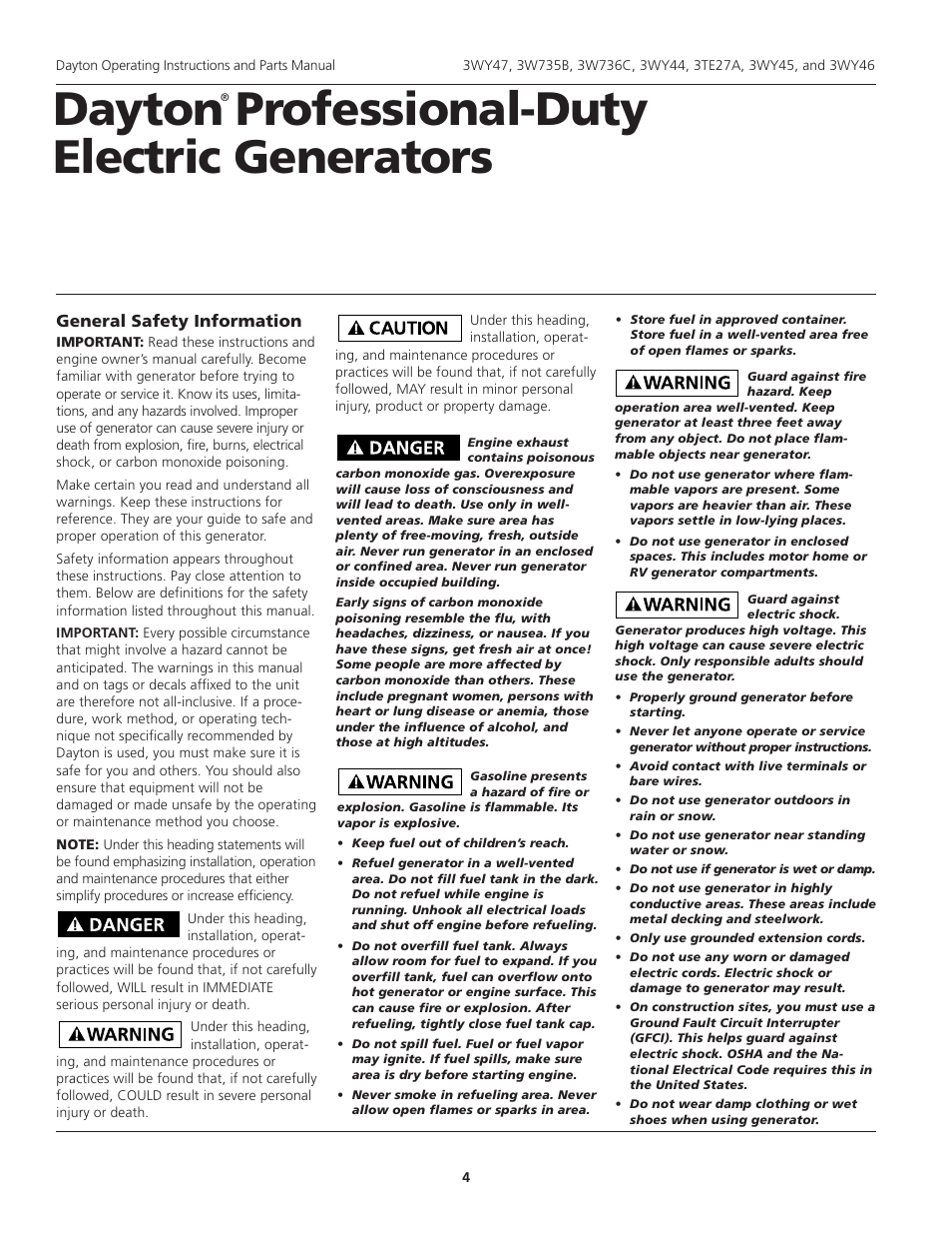 Dayton professional-duty electric generators, General safety information | Dayton 3WY47 User Manual | Page 4 / 40