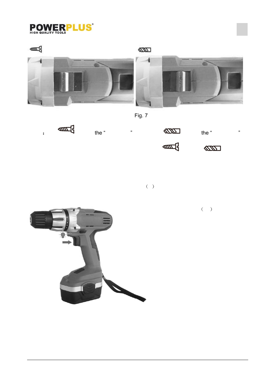 Speed selector (fig. 7), Led light | Powerplus POWX0058BAG DRILL/SCREWDRIVER 18V 2 BATT EN User Manual | Page 10 / 14