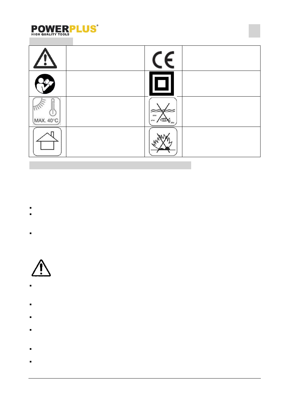 Symbols, General power tool safety warnings, Working area | Electrical safety | Powerplus POWX0058BAG DRILL/SCREWDRIVER 18V 2 BATT EN User Manual | Page 4 / 14