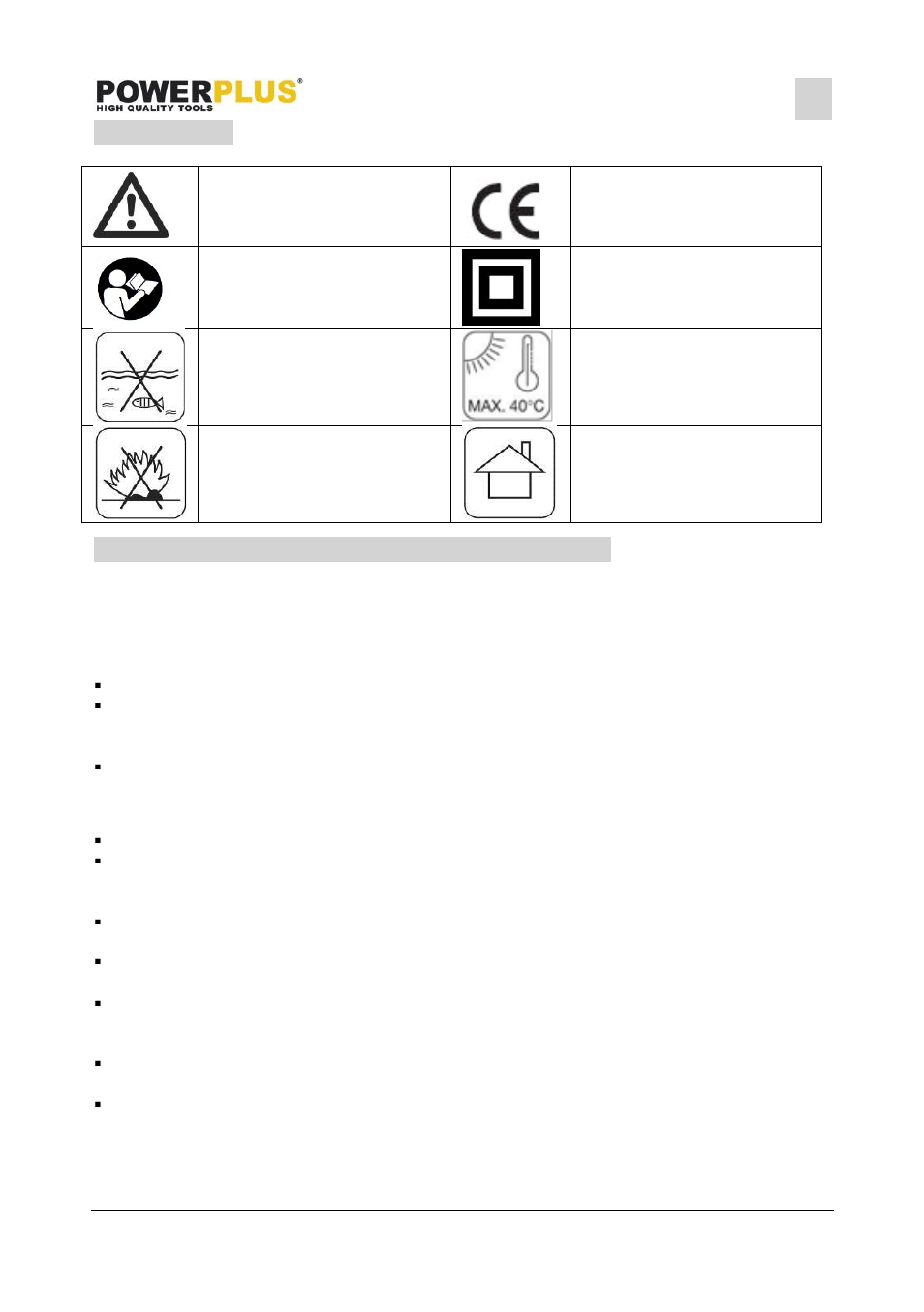 Symbols, General power tool safety warnings, Working area | Electrical safety | Powerplus POWX0073LI IMPACT SCREWDRIVER 18V LI-ION ONE FITS ALL EN User Manual | Page 4 / 10