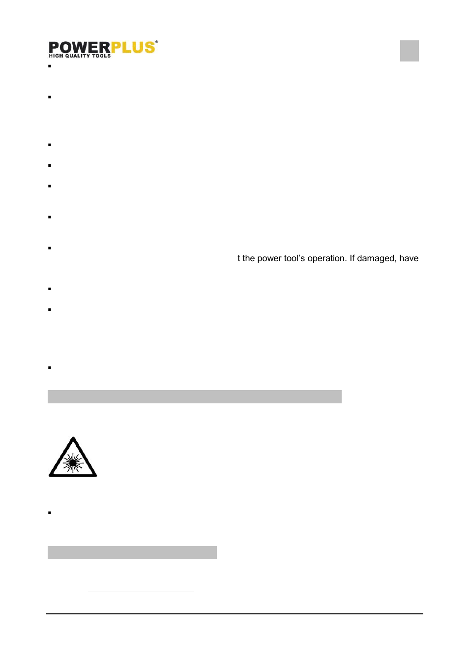 Power tool use and care, Service, Additional safety instructions for lasers | Operating instructions, Starting up, Instant response operation, Powx036, 6 additional safety instructions for lasers, 7 operating instructions | Powerplus POWX036 JIGSAW 800W EN User Manual | Page 4 / 8
