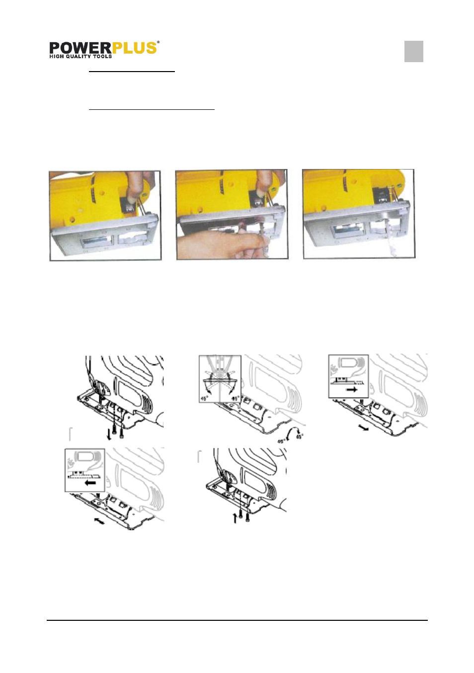 Continuous operation, Electronic speed control setting, Changing the saw blade | Adjusting the base, Dust extraction, Using the laser and led-light | Powerplus POWX036 JIGSAW 800W EN User Manual | Page 5 / 8