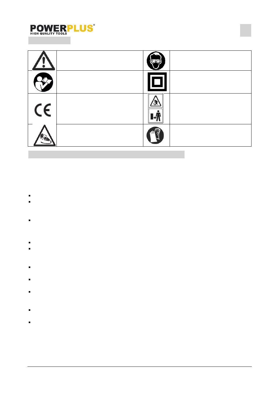 Symbols, General power tool safety warnings, Working area | Electrical safety | Powerplus POWX0474 ANGLE POLISHER 1200W EN User Manual | Page 4 / 10
