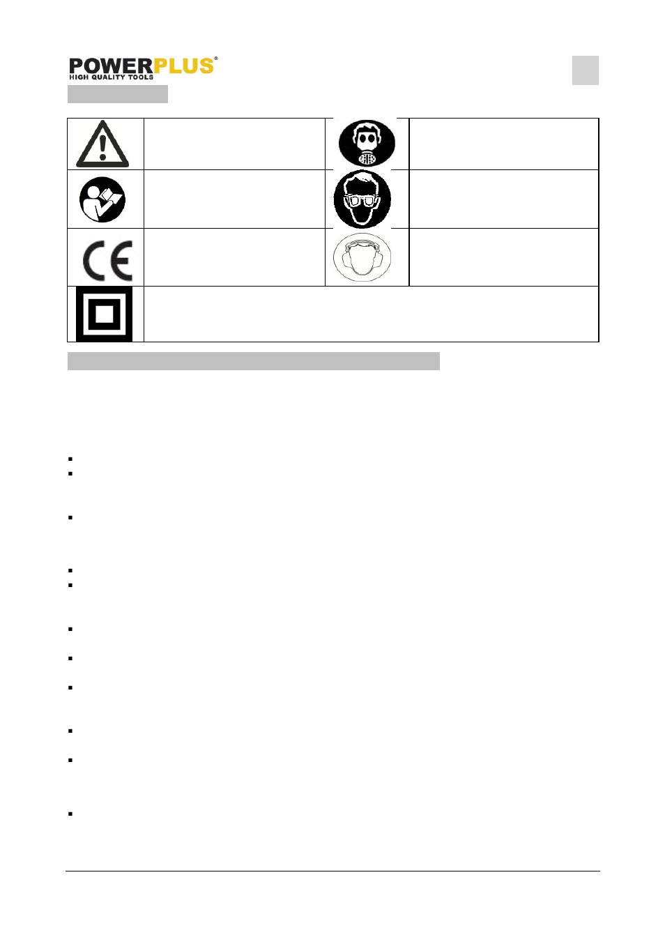 Symbols, General power tool safety warnings, Working area | Electrical safety, Personal safety | Powerplus POWX0478 WALL AND CEILING SANDER 1220W EN User Manual | Page 4 / 9