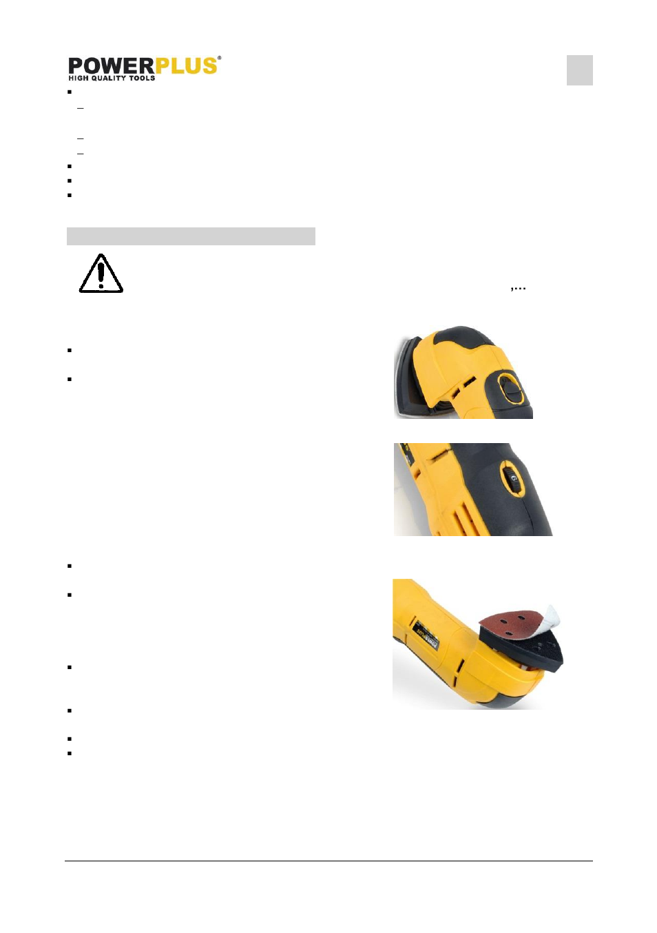 Operating instructions, Switching on-off, Variable speed control | Attaching the sandpaper, Collecting the dust | Powerplus POWX0490 TRIANGULAR SANDER 300W EN User Manual | Page 5 / 8