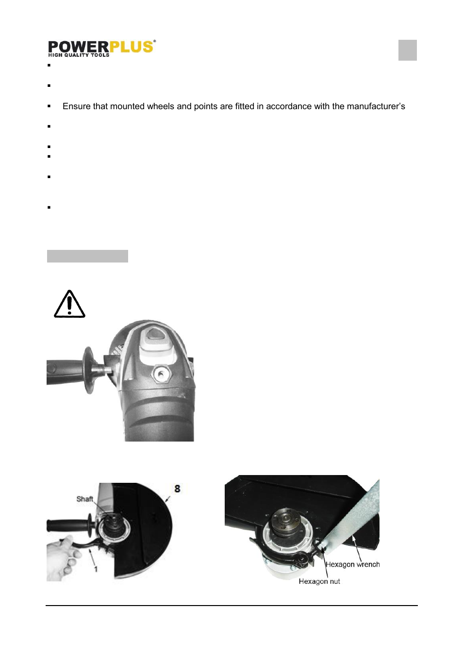 Operation, Fitting the auxiliary handle, Assembly the protective guard | Powerplus POWX0617 ANGLE GRINDER 2500W 230MM EN User Manual | Page 6 / 12