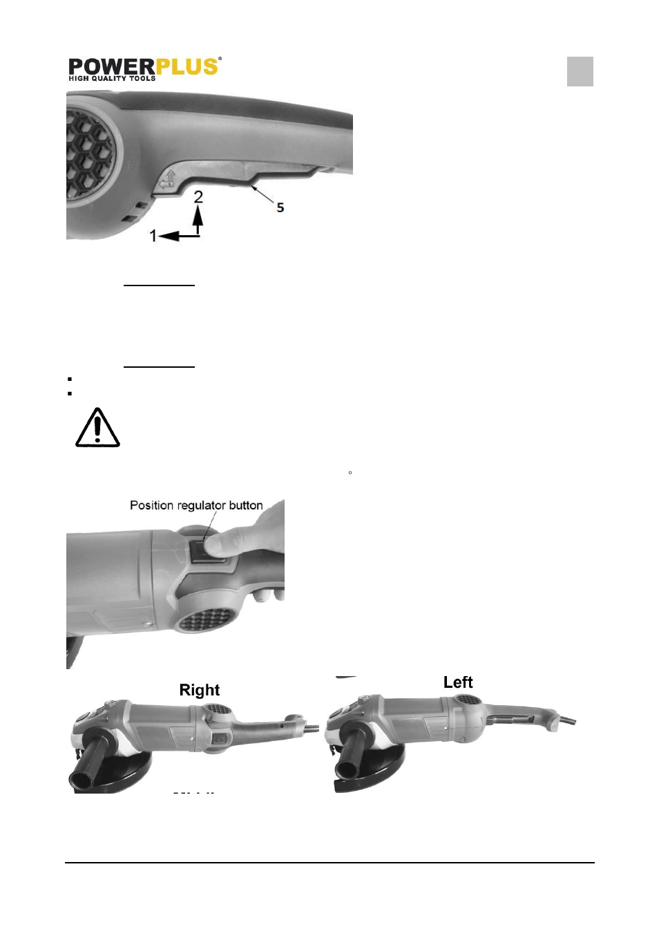 Switching on, Switching off, Adjusting the main handle position | Powerplus POWX0617 ANGLE GRINDER 2500W 230MM EN User Manual | Page 8 / 12