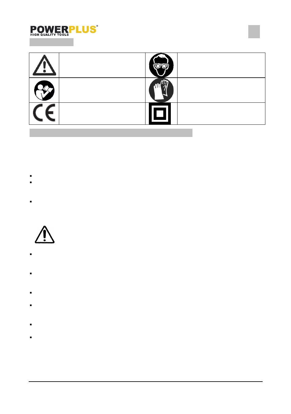 Symbols, General power tool safety warnings, Work area | Electrical safety, 4 symbols, 5 general power tool safety warnings | Powerplus POWX07551T MITRE SAW 1400W - 190MM EN User Manual | Page 5 / 19