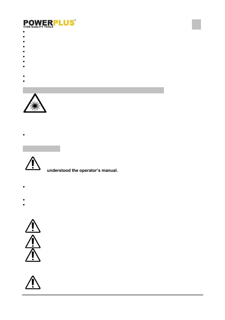 Additional safety instructions for lasers, Assembly, Installing the mitre handle (fig. 1) | Installing the dust bag (fig. 2), Installing the hold-down clamp (fig. 3) | Powerplus POWX07551T MITRE SAW 1400W - 190MM EN User Manual | Page 7 / 19