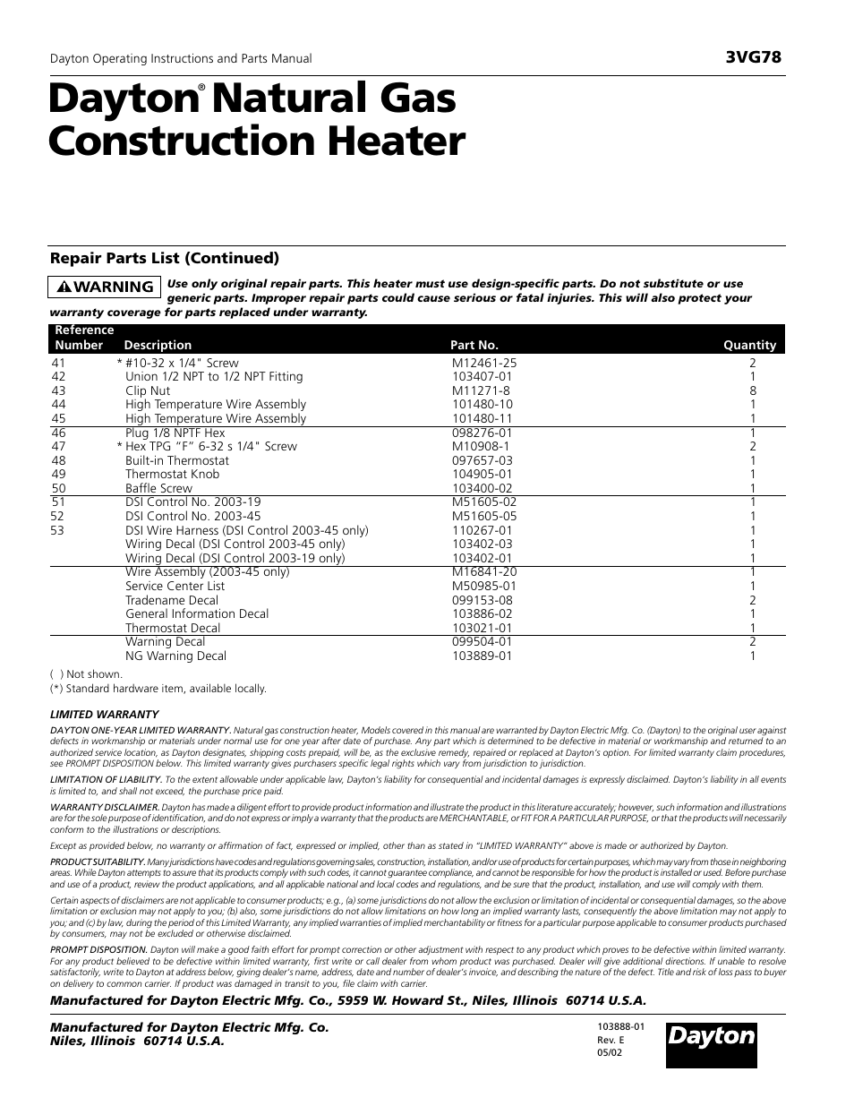 Dayton natural gas construction heater, 3vg78, Repair parts list (continued) | Dayton 3VG78 User Manual | Page 10 / 10