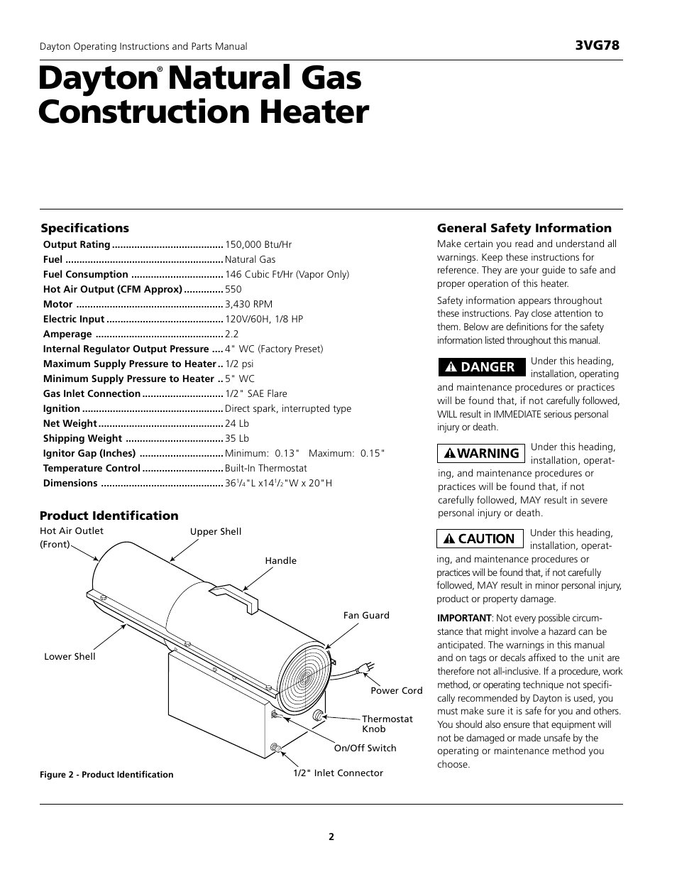 Dayton natural gas construction heater, 3vg78 | Dayton 3VG78 User Manual | Page 2 / 10